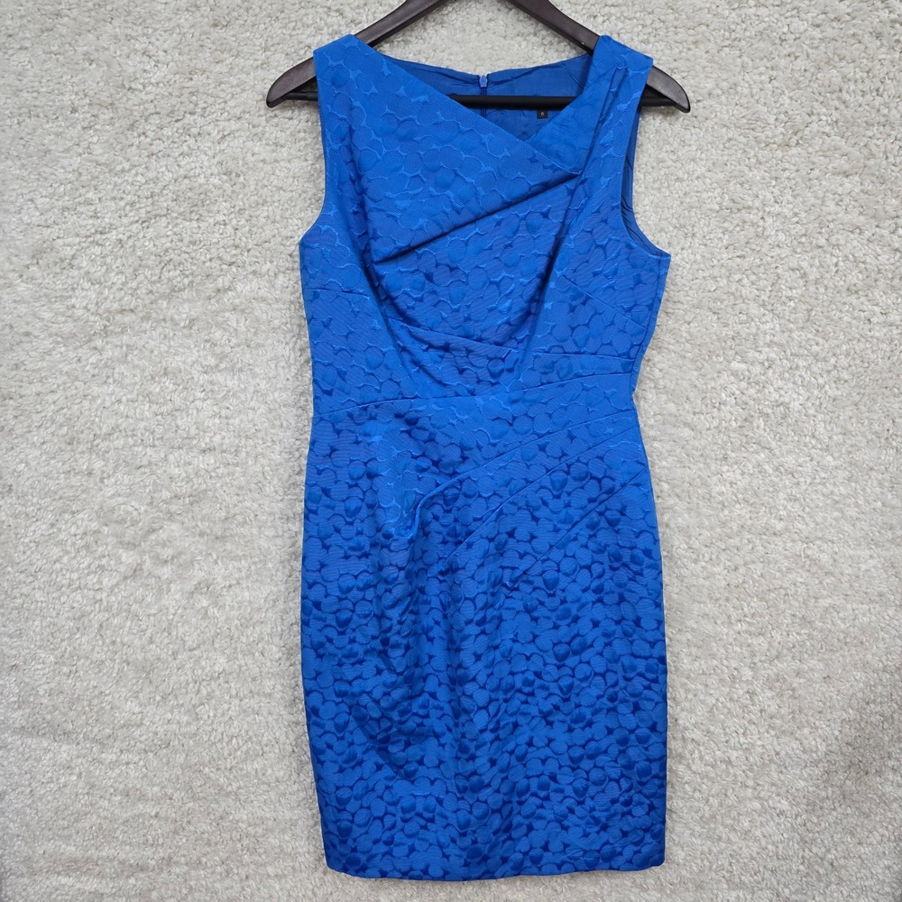 David Meister Cocktail Dress Womens 6 Royal Blue Jacquard Asymmetrical Sheath